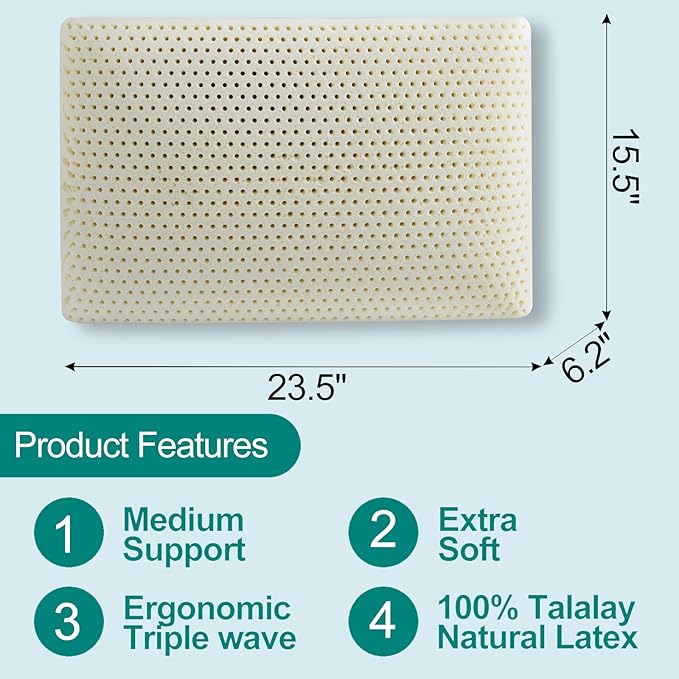 Talalay Latex Pillow, Extra Soft Latex Foam Pillow for Sleeping, Bed Pillow for Back with Removable Cotton Cover, Side and Stomach Sleepers, Helps Relieve Shoulder and Neck Pain (Standard Size)