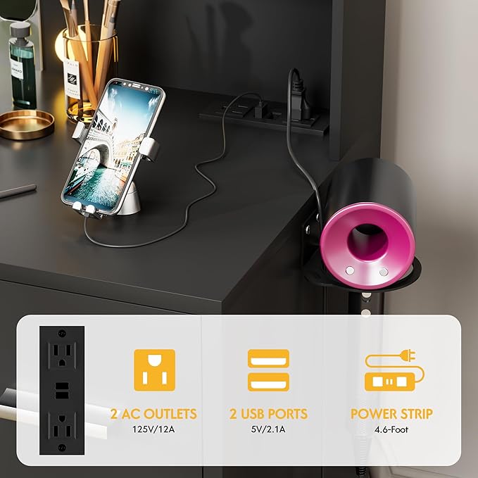 VICTONE Vanity Desk with LED Lighted Mirror&Power Outlet, 3 Model Lights Makeup Vanity Table with 7 Drawers and 6 Storage Shelves for Bedroom and Dressing Room (Black)