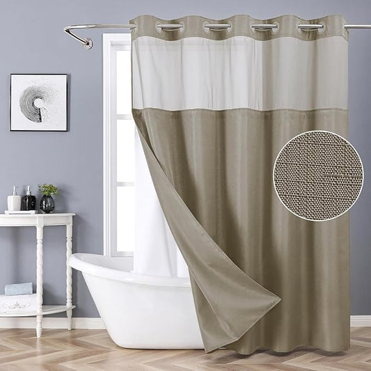 No Hook Shower Curtain with Snap-in Fabric Liner Set,Slub Textured Fabric Shower Curtains for Bathroom,Hotel Style Modern Shower Curtain,Water Repellent & Washable,71x74(72),Tan/Khaki