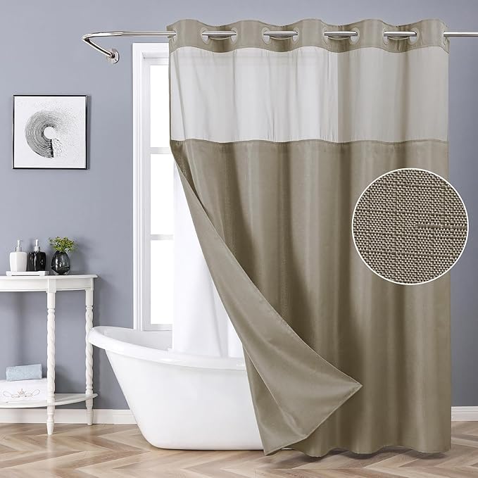 No Hook Shower Curtain with Snap-in Fabric Liner Set,Slub Textured Fabric Shower Curtains for Bathroom,Hotel Style Modern Shower Curtain,Water Repellent & Washable,71x77(75),Tan/Khaki