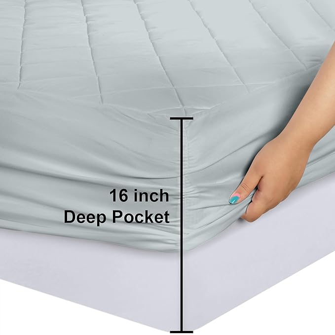 Utopia Bedding Quilted Fitted Mattress Pad, King Size, Elastic Fitted Mattress Topper Protector and Cover Stretches up to 16 Inches Deep, Machine Washable (Light Grey)