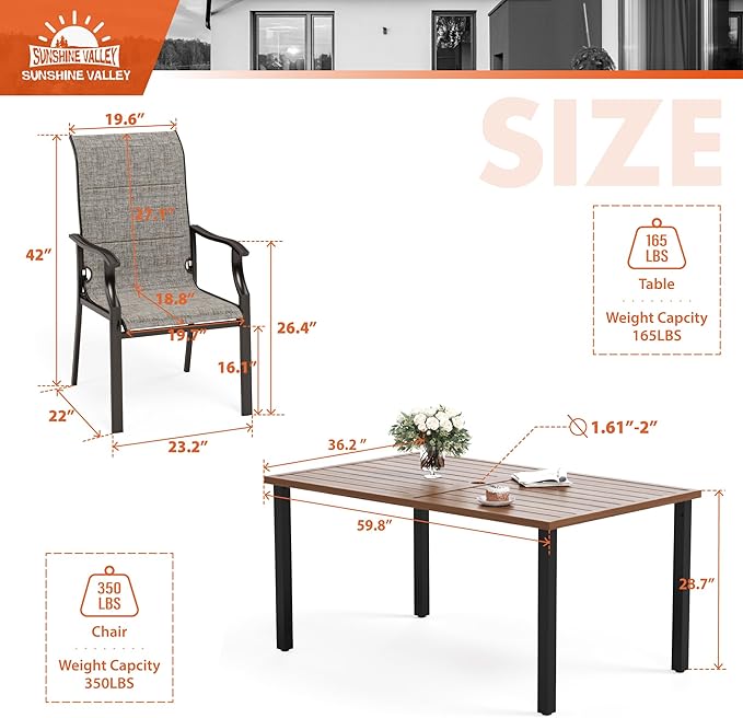 7 Piece Outdoor Dining Set for 6, Outdoor Table and Chairs Set for 6 with 1 Patio Dining Table(1.61"-2" Hole) and 6 Textilene Patio Chairs, Patio Dining Set for Deck Backyard
