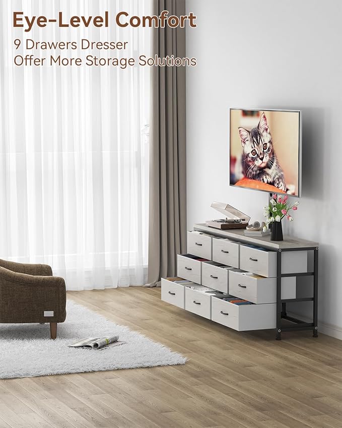 TV Stand with Mount for 32/55/65/75/85 inch TVs, Entertainment Center with 9 Fabric Drawers Dresser Storage, Height Adjustable Media Console