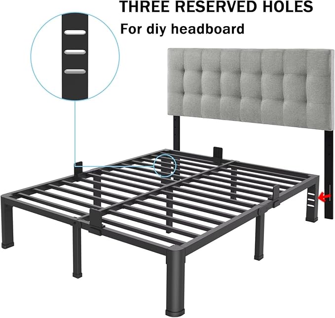 FUIOBYVV 14 Inch Queen Bed Frame with Rounded Corner and Headboard Hole Mattress Retainers 3500 LBS Metal Heavy Duty Steel Slats Support No Box Spring Needed Platform Noise Free Easy Assembly