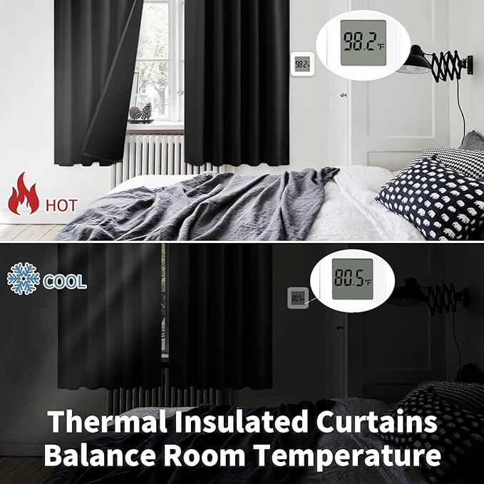 BGment Halloween Black 100% Blackout 48 Inch Curtains for Small Window, Rod Pocket and Back Tab Double Layer Black Out Thermal Insulated Room Darkening Curtain for Kitchen, 2 Panels, Each 42 x 48 Inch