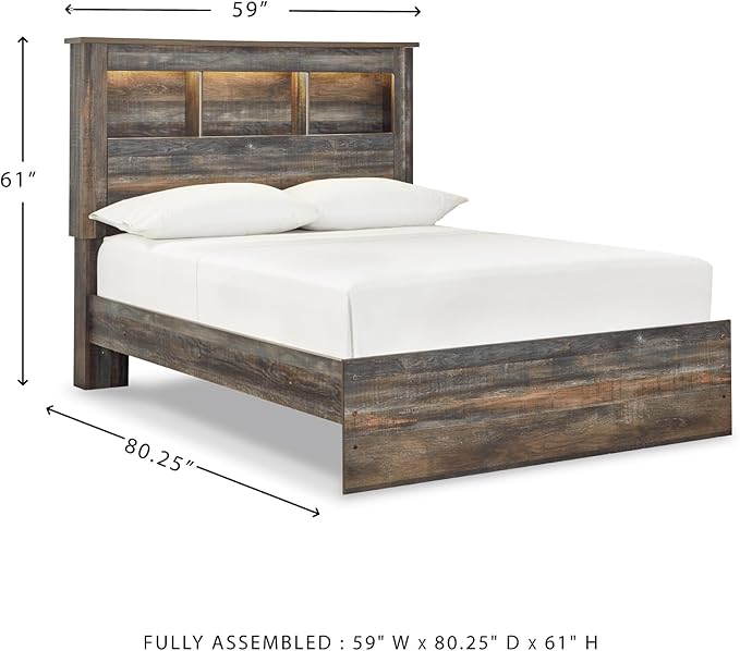 Signature Design by Ashley Drystan Rustic Full Bookcase Bed with Open Cubbies and LED Lights, Foundation or Box Spring Needed, Dark Brown & Gray