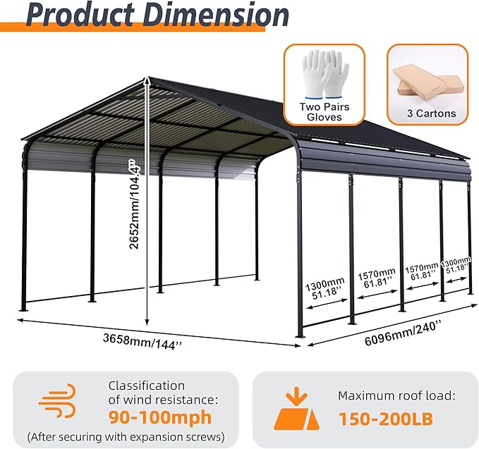 12x20 FT Heavy Duty Metal Carport with Galvanized Steel Roof with Enhanced Base Outdoor Car Port Shelter for Cars, Trucks and Boats