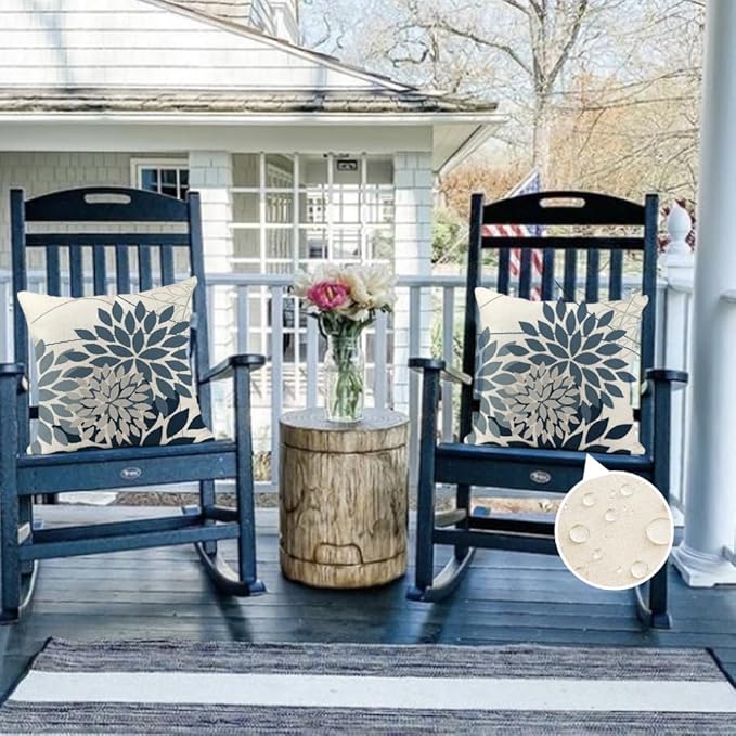 RABUSOFA Outdoor Pillow Covers 18x18 Inch Set of 2 Gray Blue Flower Decorative Waterproof Floral Outdoor Cushion Covers for Patio Funiture Garden Couch Decor