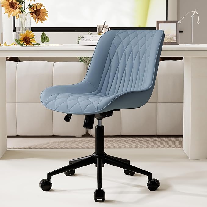 YOUNIKE Blue Ergonomic Home Office Desk Chair No Arms Comfy Small Criss Cross Chair with Wheels Swivel Adjustable Modern Vanity Chair with Back Armless Cute Leather Upholstered Rolling Task Chair