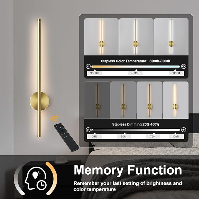 Battery Operated Modern Wall Sconces, Dimmable Wireless Wall Light Set of Two with Remote Control, 3 Color Temperatures, Rechargeable LED Wall Sconce for Bedroom, Living Room, Hallway, 27.6 Inch Brass