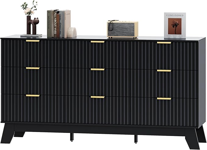 Fluted Dresser for Bedroom with 9 Drawers, 57" Mid Century Modern Dresser of Closet TV Stand, Nature Wood Dressers with Gold Handle, Boho Closet Wide Modern Chest of Drawers, Black