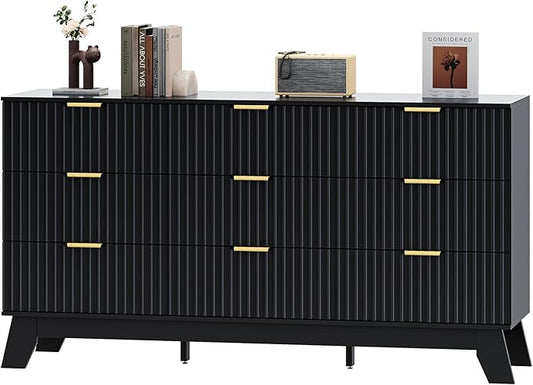 Fluted Dresser for Bedroom with 9 Drawers, 57" Mid Century Modern Dresser of Closet TV Stand, Nature Wood Dressers with Gold Handle, Boho Closet Wide Modern Chest of Drawers, Black