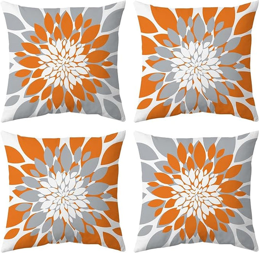 Qahing Pack of 4 Fall Outdoor Waterproof Pillow Covers 20x20 Decorative Outdoor Throw Pillows Garden Square Cushion Cases for Patio Furniture, Couch, Tent Sunbrella, Bench, Orange Grey