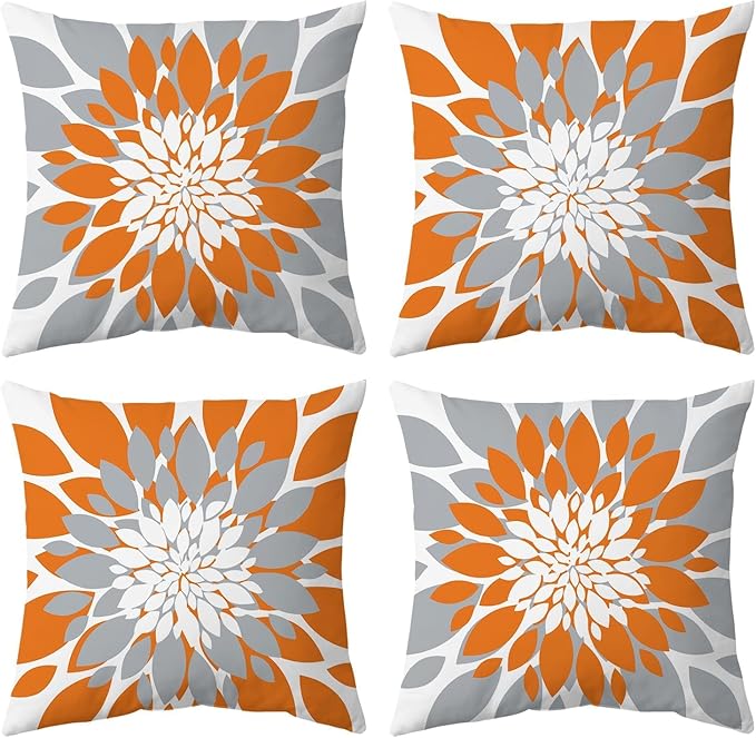 Qahing Pack of 4 Fall Outdoor Waterproof Pillow Covers 16x16 Decorative Outdoor Throw Pillows Garden Square Cushion Cases for Patio Furniture, Couch, Tent Sunbrella, Bench, Orange Grey