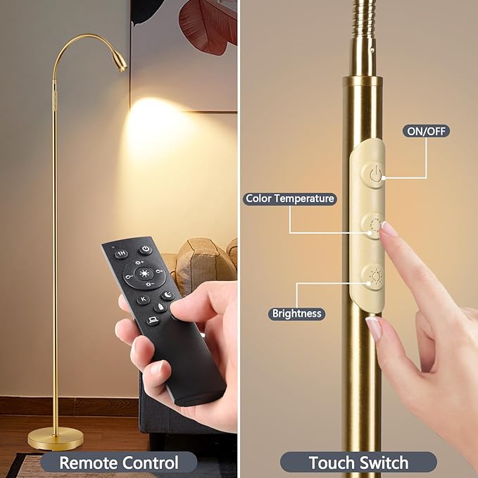 Reading Floor Lamp, 72" Tall LED Lamp with Flexible Gooseneck, Dimmable Zoomable Spotlight, Adjustable Color Beam Standing Lamp, Touch & Remote Control, Task Craft Bedroom Living Room (Antique Brass)