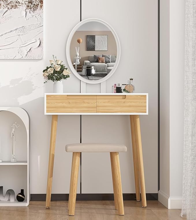 YOURLITE Makeup Vanity Desk with Lights, Small Vanity with Adjustable Brightness Mirror for Small Spaces, Dressing Table with Drawers 27.5", Oval Mirror Wood