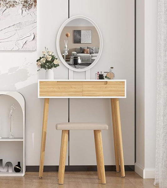 YOURLITE Makeup Vanity Desk with Lights, Small Vanity with Adjustable Brightness Mirror for Small Spaces, Dressing Table with Drawers 27.5", Oval Mirror Wood