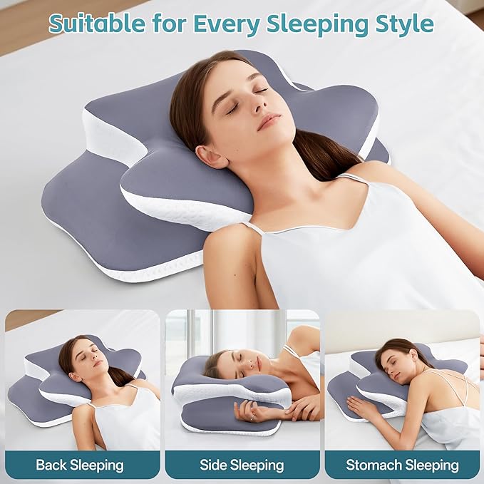 Cervical Neck Pillow for Neck Pain Relief & Support - Cooling Ergonomic Memory Foam Pillow with Dual-Height Contour & Ice Silk Cover for Side, Back, Stomach Sleepers,Grey