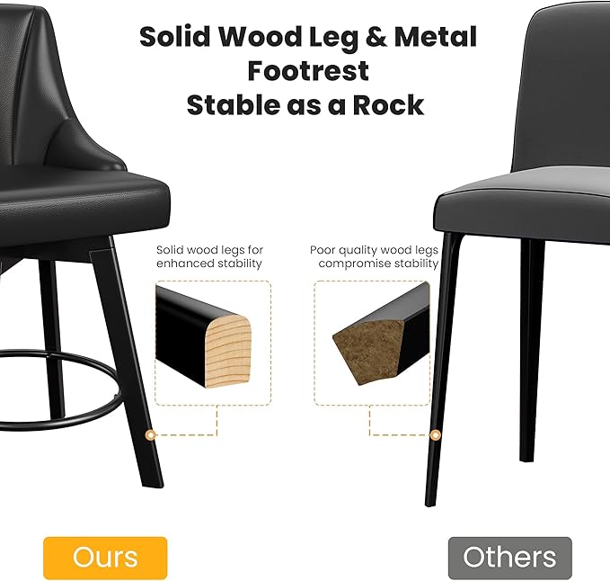 Swivel Bar Stools with Backs, 24" Counter Height Barstools, PU Leather Upholstered Counter Bar Stools with Solid Wood Legs for Kitchen Island, Home Bar, Black