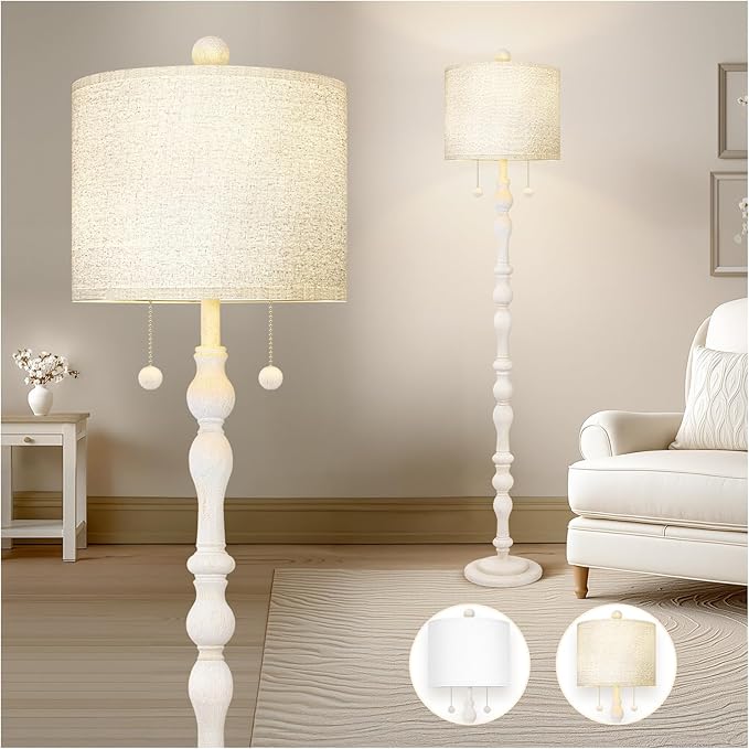 65.5” Natural Real Wood Floor Lamp for Living Room Bedroom, Dual S Cluster Socket, Pull Chains Switch, Farmhouse Tall Standing Lamp with Linen Shade for Home Room Decor (Bulbs Included)