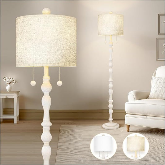 65.5” Natural Real Wood Floor Lamp for Living Room Bedroom, Dual S Cluster Socket, Pull Chains Switch, Farmhouse Tall Standing Lamp with Linen Shade for Home Room Decor (Bulbs Included)