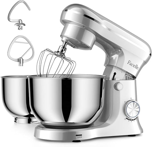 Facelle Tilt-Head Stand Mixer, 5QT+6QT Stainless Steel Two Bowls, 10 Speeds Kitchen Electric Food Mixer with Egg Whisk, Dough Hook, Beater, Dishwasher-Safe Attachment, Ideal Gift for Mom