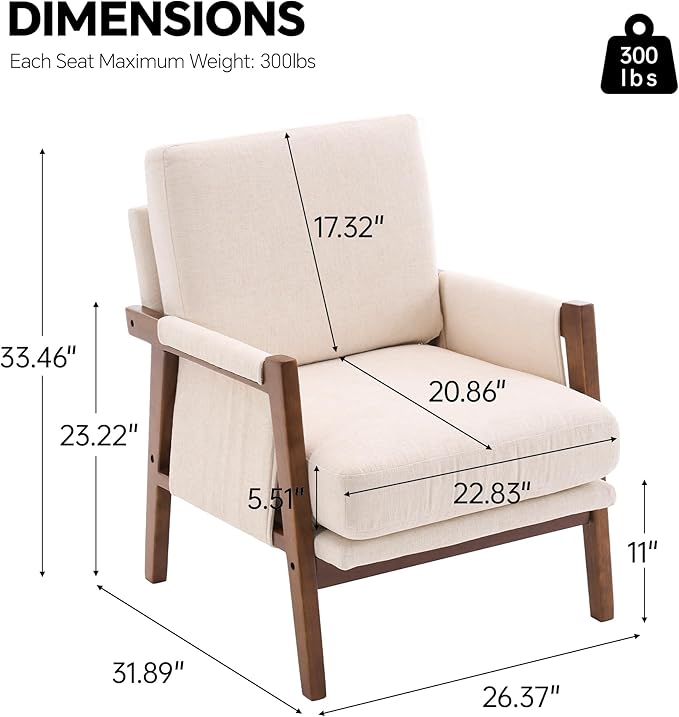 Mid Century Modern Accent Chair with Wood Frame, Upholstered Living Room Chairs with Wide Armrest, Chenille Fabric Comfy Arm Chair for Bedroom, Reading Room, Balcony, Beige