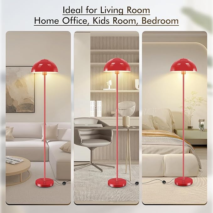 Floor Lamp, Industrial Red Floor Lamps for Living Room, 65.6in Standing Lamp, Retro Mushroom Dome Shade, Whole Metal, E26 Socket, Mid Century Modern Floor Lamp for Bedroom/Office,No Bulb