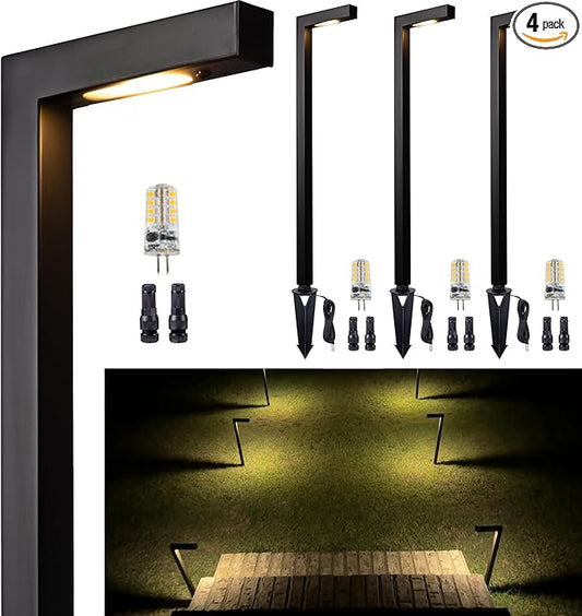 Low Voltage Pathway Lights Brass, LED Landscape Path Lights, Yard Lights Outdoor Waterproof IP65, 12V Wired L Shape Black for Garden Walkway with 3W 270LM 2700K G4 Bulb 4 Pack
