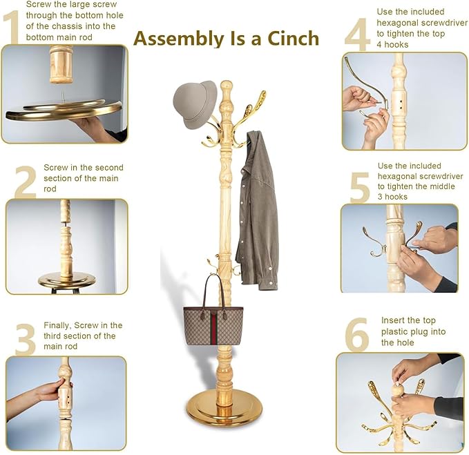 73”Vintage Wooden Coat Rack Freestanding With 14 Hooks and Sturdy Round Base。3-level Adjustable Vintage Wooden Coat Rack.Coat Rack Stand for Living Room Bedroom Office