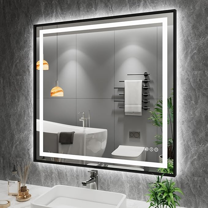Amorho 40" X38" LED Mirror for Bathroom Black Framed, Front Light and Backlit, Stepless Dimmable, Anti-Fog, Shatter-Proof, Memory, 3 Colors, Double LED Vanity Mirror