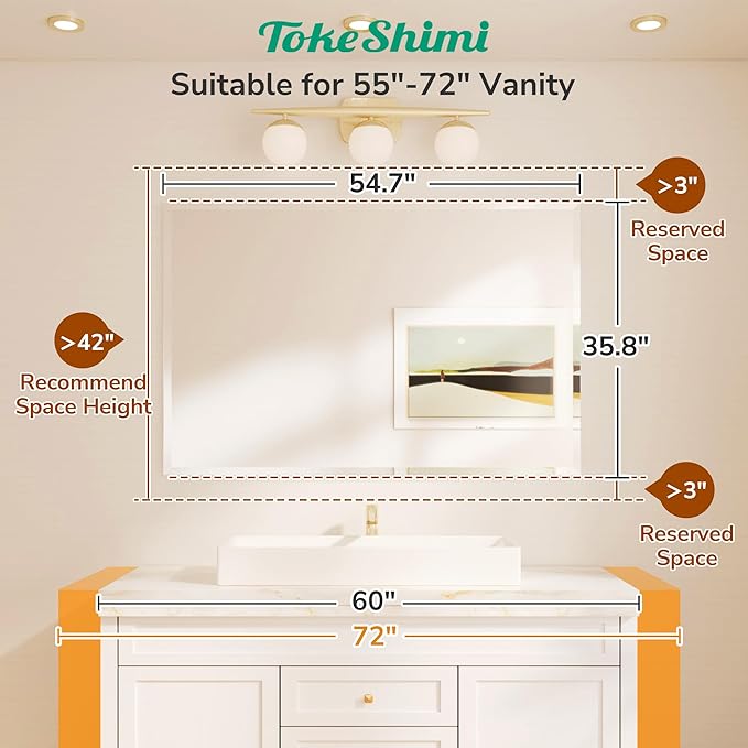 TokeShimi 55x36 Rectangle Bathroom Vanity Mirror Beveled, Tempered Frameless Wall Mirror with 1" Beveled Edge, Shatterproof Farmhouse Mirror Wall Mounted for Living Room, Entryway, Restroom