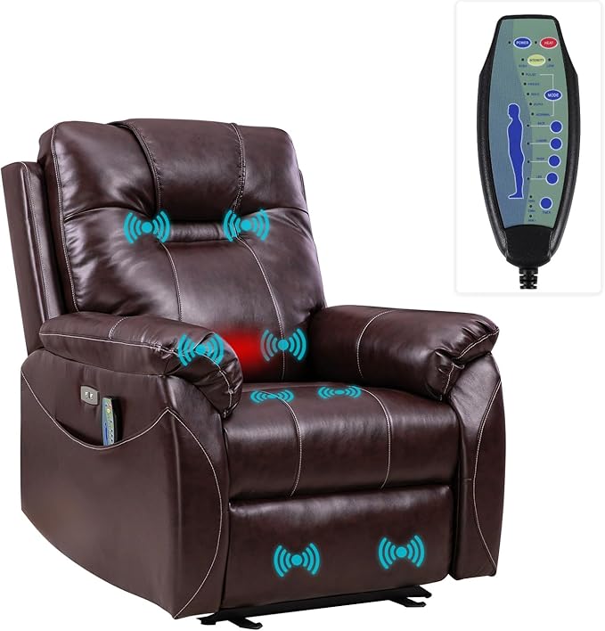 Power Recliner Chair,Wall Hugger Recliner with Heat and Massage,PU Leather Recliner Chair with 2 Side Pockets, USB & Type-C Port, Electric Recliner Chair for Living Room