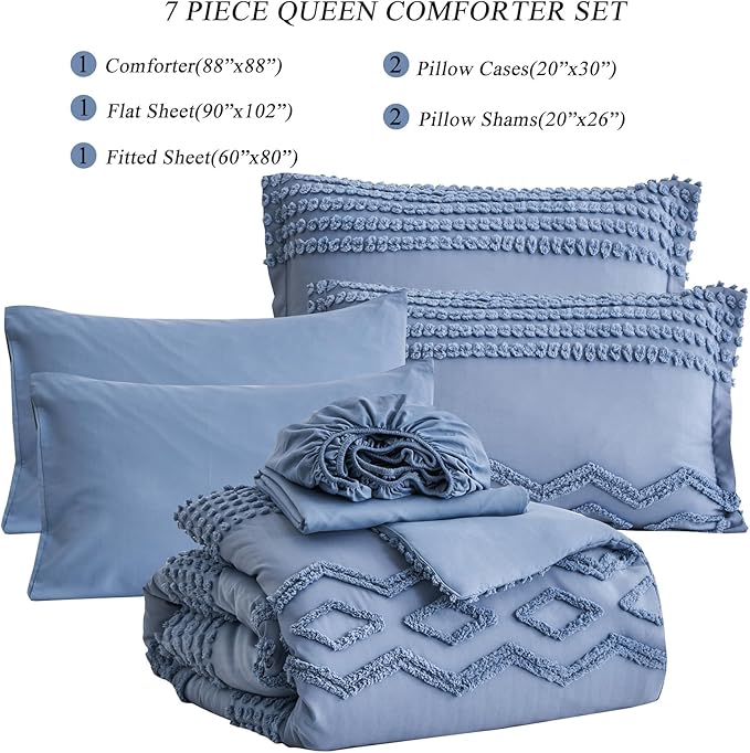 KAKIJUMN Blue Tufted 7-Piece Queen Comforter Set, Shabby Chic Boho Comforter and Sheet Set, All Season Soft Microfiber Complete Bedding Set
