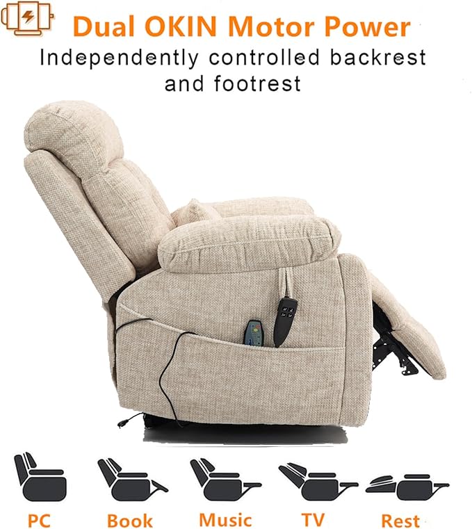 Large Power Lift Recliner Chair with Massage and Heat for Elderly, 26in Extra Wide Recliner Chair with Cup Holder Support Big and Tall People, 400lbs Capacity Adults (Cream Chenille)