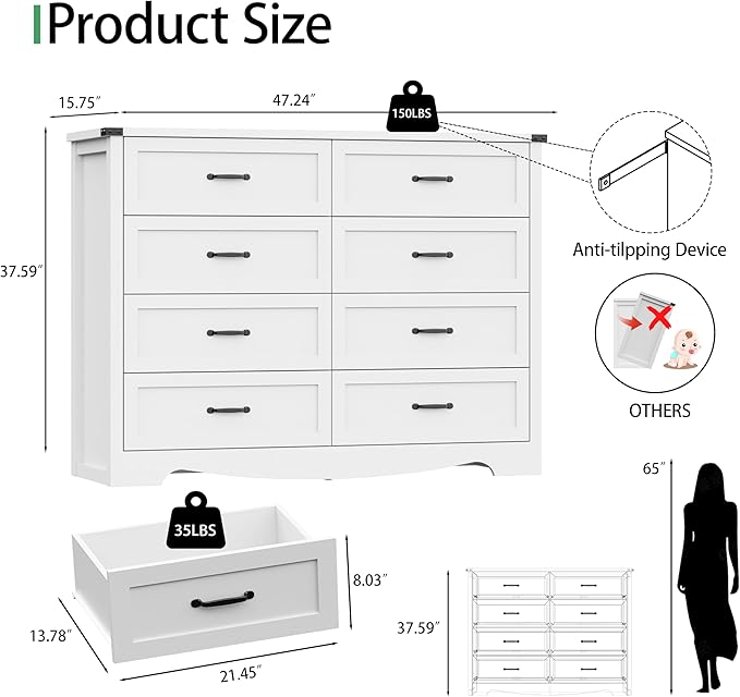 Dresser for Bedroom with 8 Drawers, 48" Wide Wood Chest of Drawers with Deep Drawers & Mental Handle, Modern Dresser TV Stand, Wooden Closet Storage Organizer for Living Room, Hallway, Entryway, White