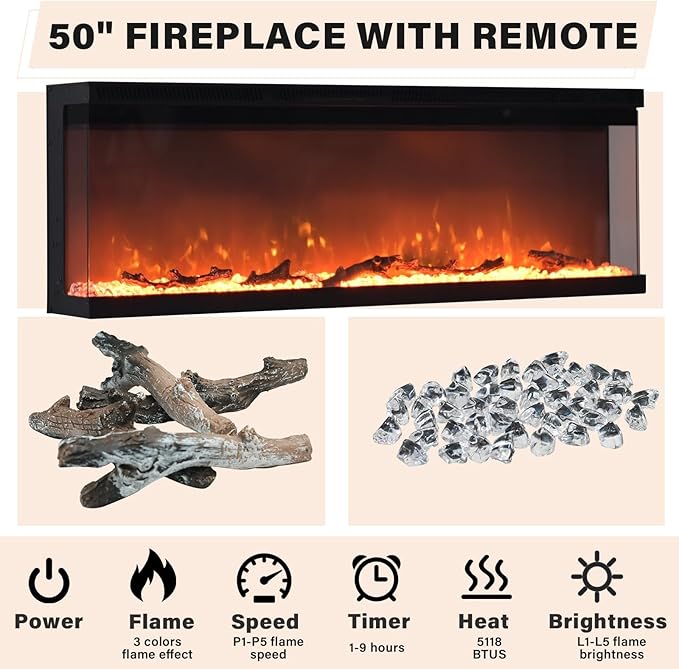 4 EVER WINNER Fireplace TV Stand with 50" Electric Fireplace, Fireplace Entertainment Center with 3-Side Glass Insert, 3 Drawers, TV Stands for Living Room, White