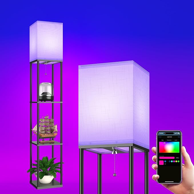 Floor Lamp with Shelves for Living Room with Matter Smart LED Light Bulb Works with Google Home/Alexa/Apple Home/SmartThings/Siri, Modern Standing Lamp Color Changing Corner Light Bedroom Home Decor