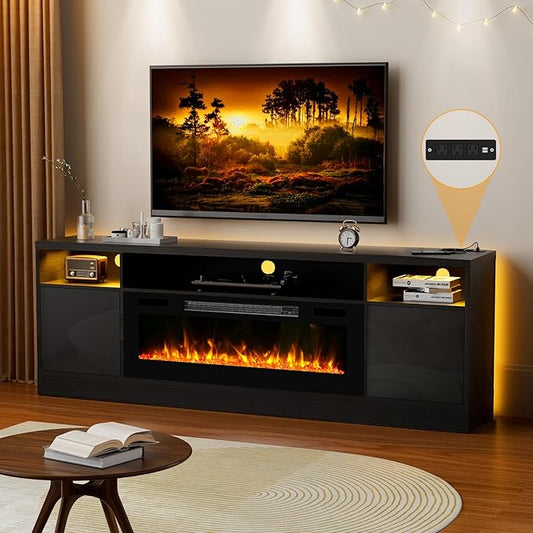70'' TV Stand with Fireplace and Power Outlet-Black Entertainment Center for 75+ inch TV- 27'' High TV Cabinet with LED Light, Storage, High Glossy Door, Modern TV Console for Living Room