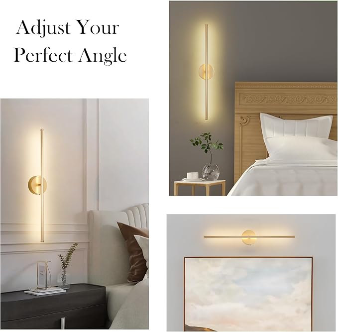 Battery Operated Wall Sconces, Dimmable Wall Sconces Set of Two, 350°Rotate, 3000K LED Gold Wireless Wall Light for Living Room, Bedroom, Hallway, 32.2 Inch (2 Pack)