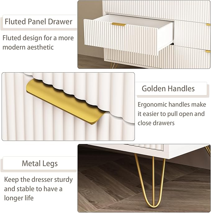 White Dresser for Bedroom, 7 Drawers Dresser with Golden Handles, Modern Wood Chest for Living Room, Hallway, Entryway