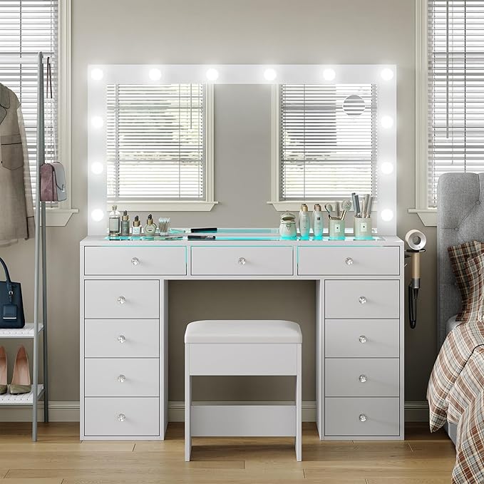 Vanity Desk with Mirror and Lights, Makeup Vanity Desk with Lights 3 Colors, LED Reinforced Glass Vanity, Makeup Vanity with 11 Storage Drawer, Dressing Table for Bedroom Dressing Room (White)