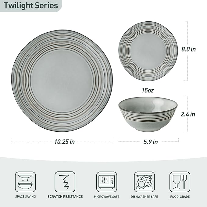 Famiware Plates and Bowls Sets 18-Piece Stoneware Dinnerware Sets, Dishes Set for 6, Hand-made Reactive Glaze Dish Set, Twilight Series, Ashy Blue