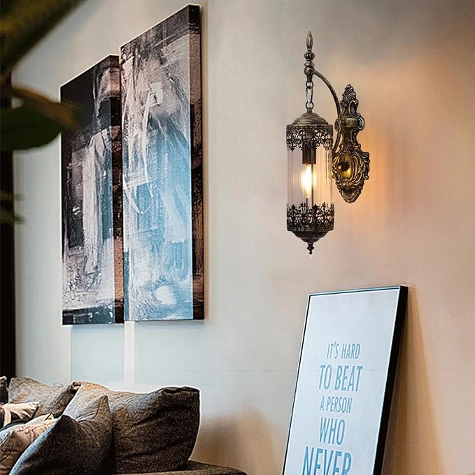 Rustic Glass Wall Sconce Mini Vintage Antique Gothic Wall Light Fixture Retro Farmhouse Mid Centry Lantern Wall Sconce for Bedroom, Hallway, Living Room, Mirror, Brush Gold, E12