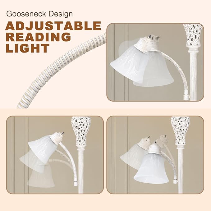 Torchiere Floor Lamp with Adjustable Reading Light, 72" Tall Vintage Lamp with White Glass Shade, Farmhouse Standing Lamp, Rustic LED Floor Lamp for Living Room Bedroom Office Corner, Bulbs Included
