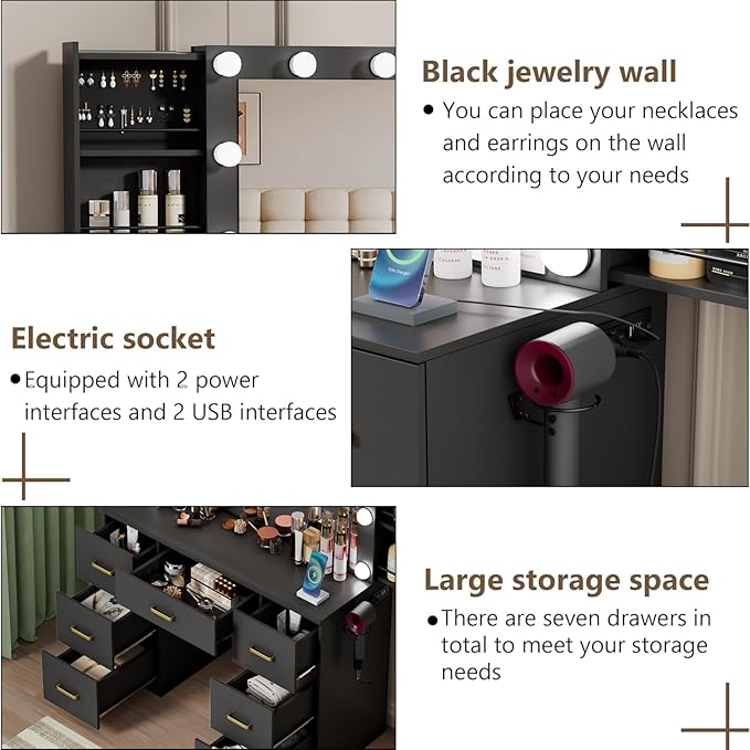 Black Makeup Vanity Desk with Lighted Mirror & Power Outlet,3 Color Modes, Brightness Adjustable,Vanity Table with Drawer,Sliding 2 Storage Wall-Mounted Jewelry,4 Shelves for Bedroom
