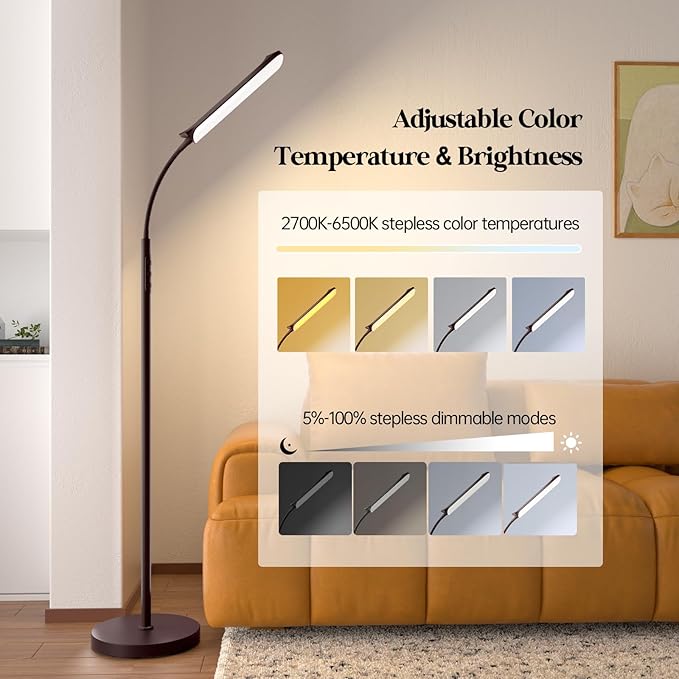 LED Floor Lamp, 18W Super Bright Floor Lamp for Living Room, Adjustable Stepless Colors & Brightness Gooseneck Standing Lamp, Eye Caring Reading Light with Remote& Touch Control for Bedroom Office