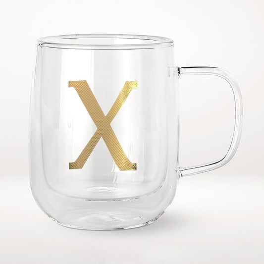 COLLECTIVE HOME - Double Walled Glass Coffee Mugs, Insulated Coffee Mug with Handle, Personalized Gifts for Women, Men, Christmas, 14 oz Monogram Cups (X)