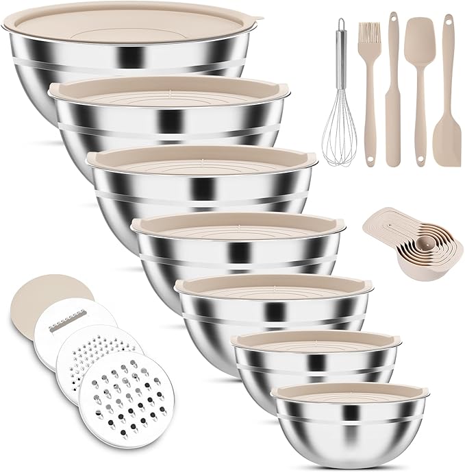 7-Piece Stainless Steel Mixing Bowls Set with Lids & 3 Grater Attachments – Size 4.5, 4, 3.5, 2.1, 1.5, 1.1, 0.7QT, Kitchen Gadgets Set for Cooking, Baking, and Serving, Khaki