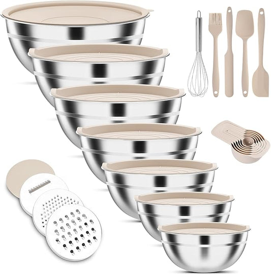 7-Piece Stainless Steel Mixing Bowls Set with Lids & 3 Grater Attachments – Size 4.5, 4, 3.5, 2.1, 1.5, 1.1, 0.7QT, Kitchen Gadgets Set for Cooking, Baking, and Serving, Khaki